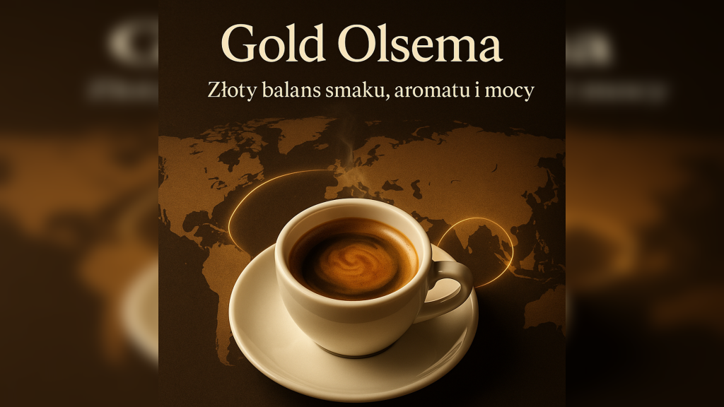 Kawa Gold Olsema – filiżanka espresso na tle złoto-beżowej mapy świata; autorska mieszanka Arabiki i Robusty, złoty balans smaku i mocy.